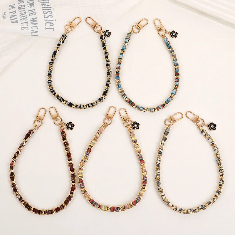 Vintage Camellia Flower Pendant Woven Chain Fabric Strip Bag Charm Wristlet Phone Strap For Women Alloy Rhinestone Accessory