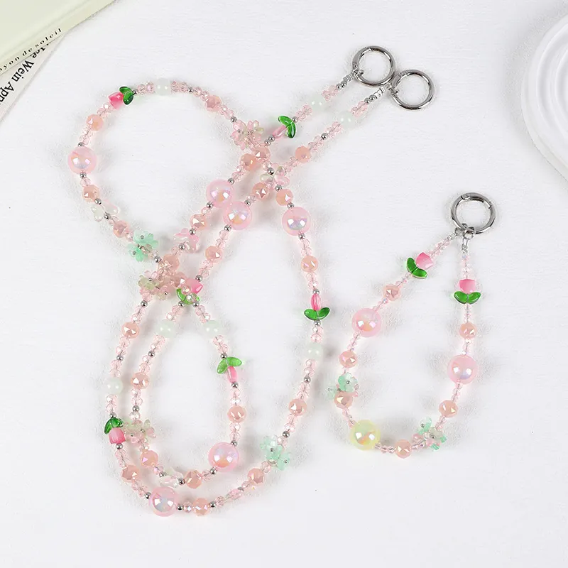 Süße Tulpen Blume Perlen Handy Lanyard Crossbody Kette Für Damen Acryl Sternen Perlen Tasche Charm Ersatz Gurt Zubehör