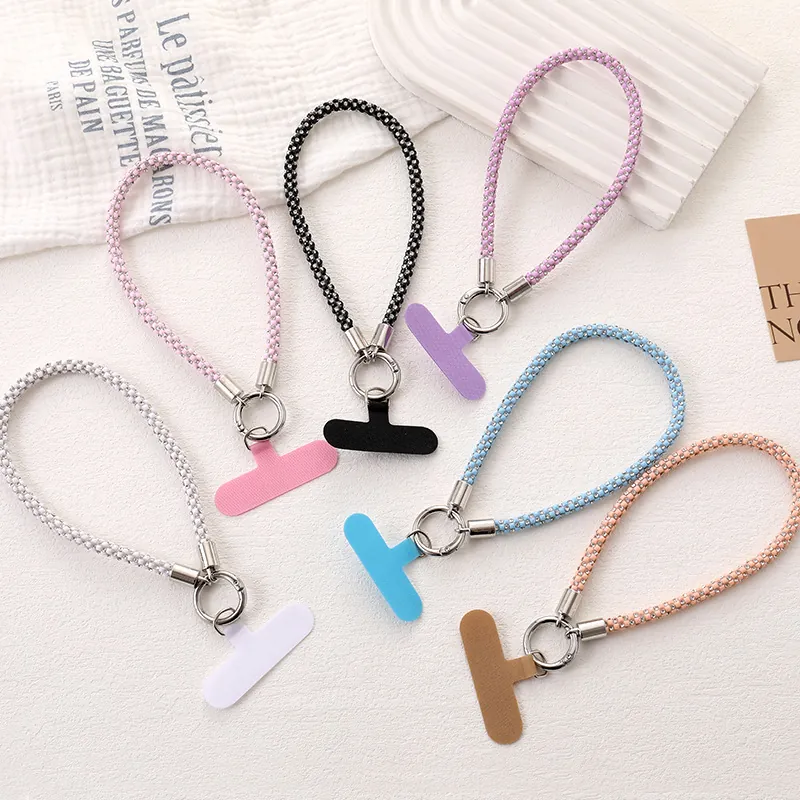 Fashion Checkered Rhinestone Phone Lanyard Anti-lost Wrist Rope Hand-woven Fabric Phone Chain with Metal Buckle for Women