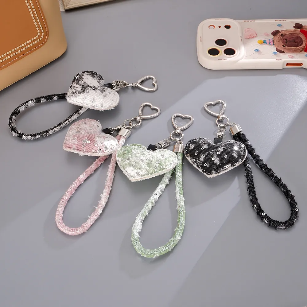 Vintage Ripped Denim Heart Bag Charm With Shiny Sequins Fashion Denim Fabric Heart Keychain Wrist Strap Phone Pendant For Women