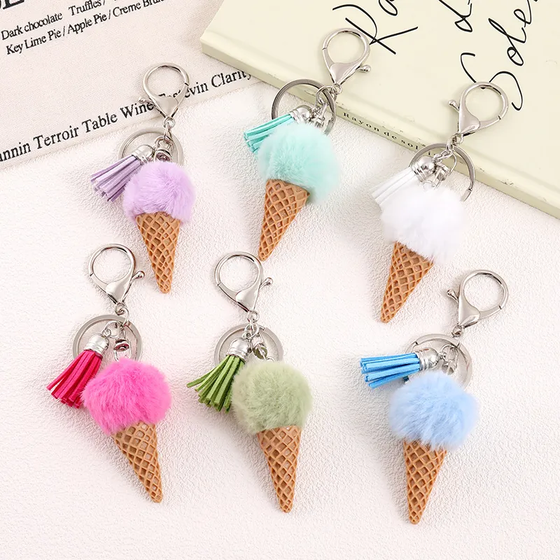 Fashion Ice Cream Pompom Keychain With Leather Tassel Cute Artificial Fur Bag Charm Alloy Lobster Clasp Key Ring Accessories