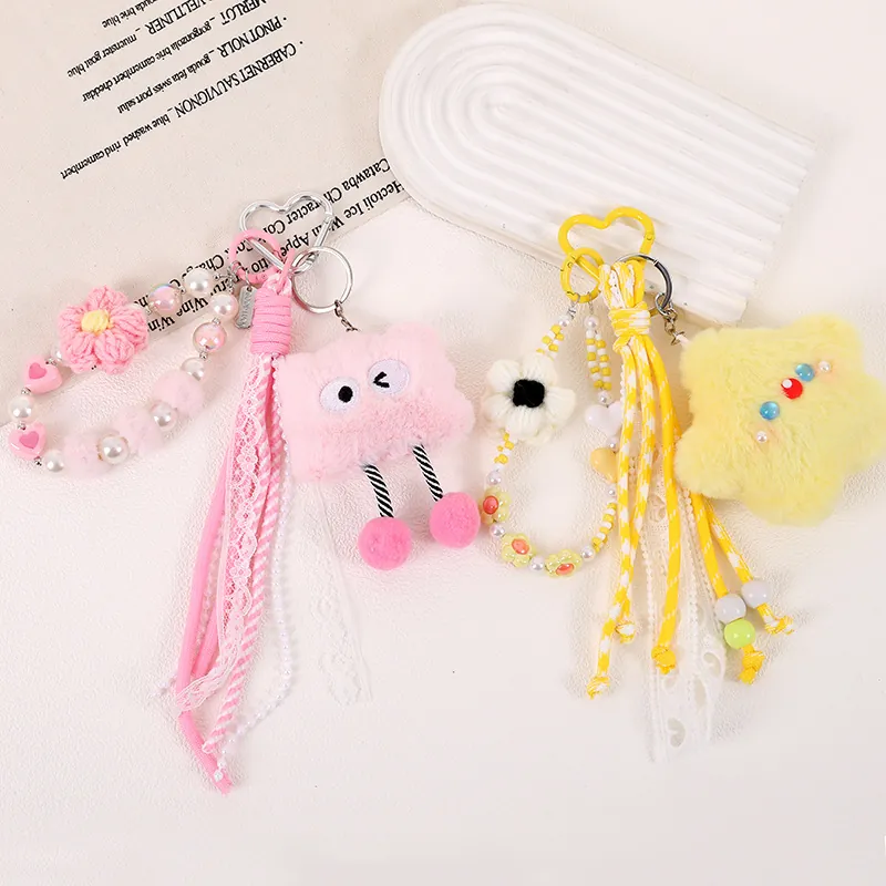 Süßer Plüsch Cartoon Monster Stern Taschenanhänger Mit Künstliche Perlenkette Spitze Quaste Herz Metallclip Schlüsselanhänger Damen Mädchen