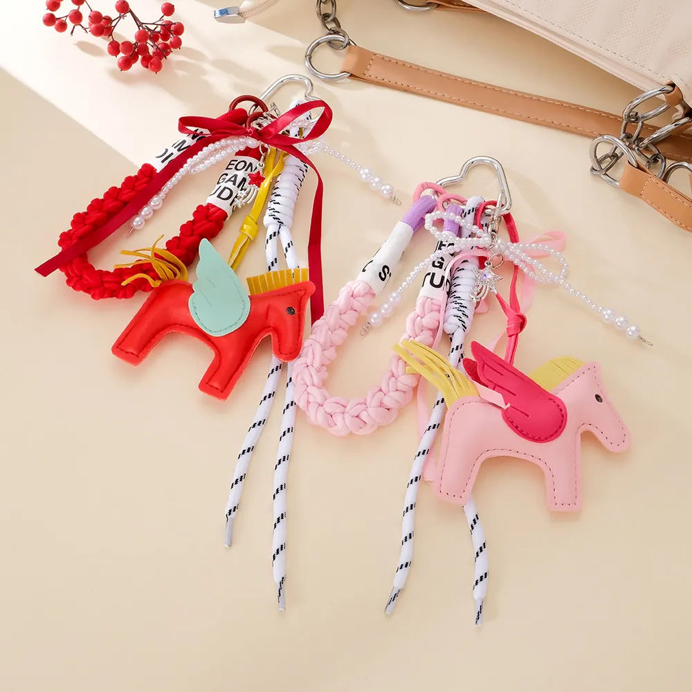 Cute Hand-Sewn PU Leather Flying Horse Bag Charm Fashion Woven Rope Artificial Pearl Chain Ribbon Bow Pegasus Pendant For Women