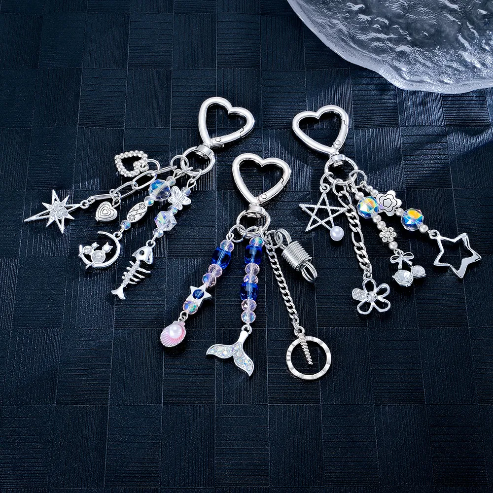 Alloy Beaded Keychain For Bag Heart Clasp Shell Fish Tail Star Pendant Artificial Pearl Rhinestone Charms Women Bag Accessory