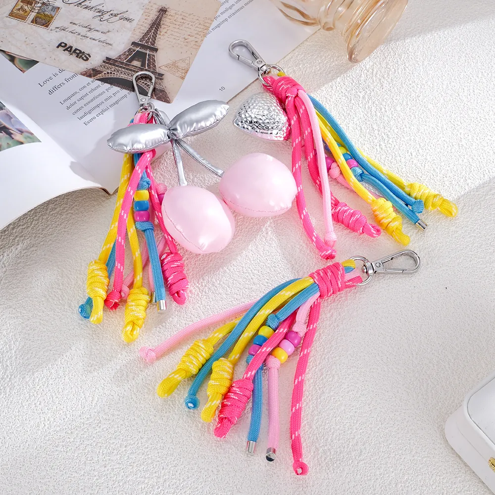 Sweet Handmade Woven Bag Charm PU Leather Heart Cherry Pendant Keychain For Women Fashion Purse Accessories Gift