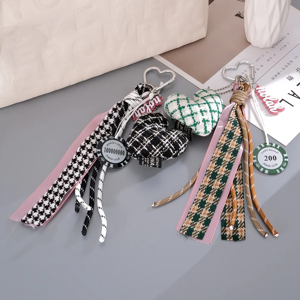 Vintage Houndstooth Heart Bag Charm Braided Rope Keychain Poker Chip Pendant Fashion Handbag Decoration Accessory For Women
