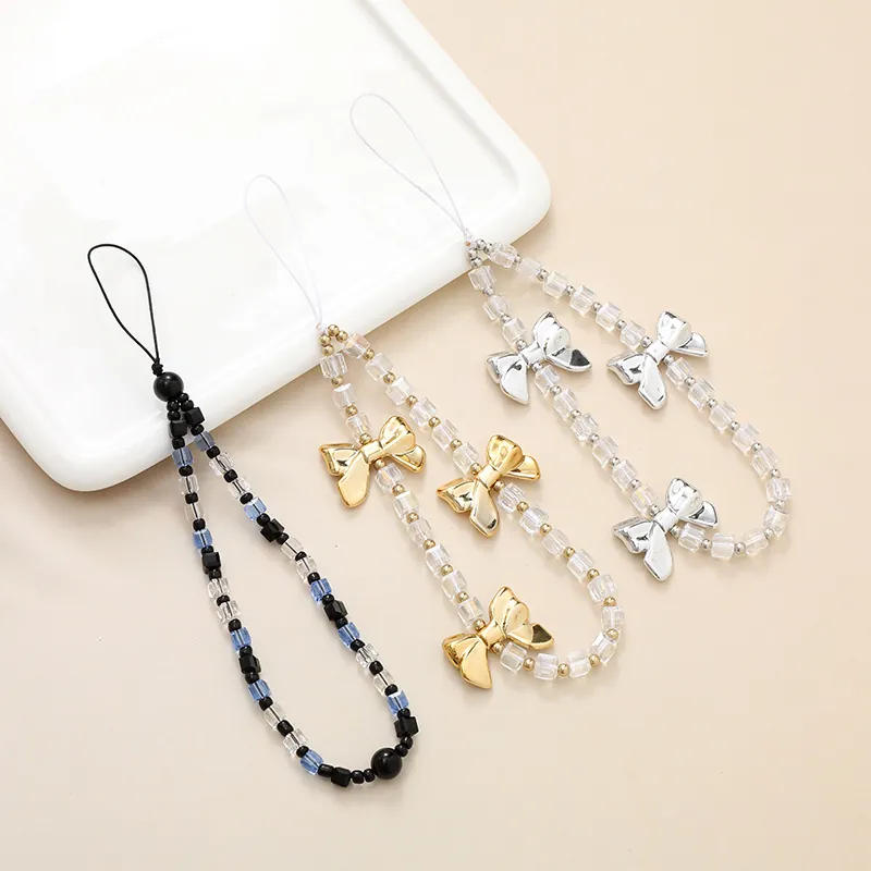 Fashion Beaded Phone Lanyard Wrist Strap With Bow Charm Crystal Cube Acrylic Beads Anti-Lost Phone Chain For Women