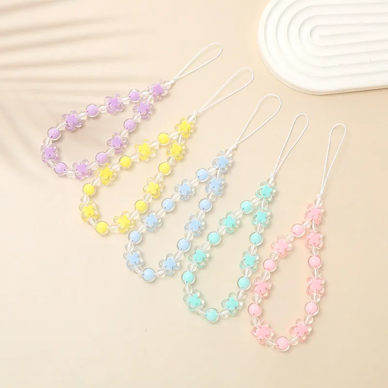 Candy Color Beaded Phone Strap Handmade Acrylic Butterfly Flower Wristlet Anti-Drop Phone Case Chain For Women Jewelry Gift