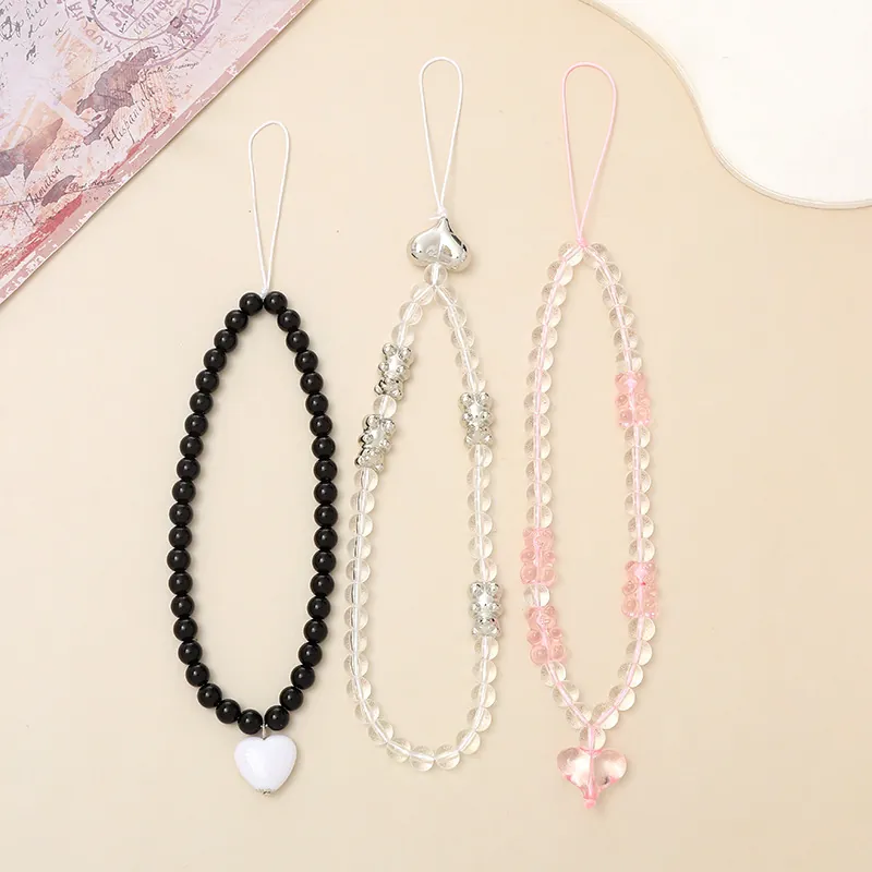 Chaîne de Téléphone en Perles de Cristal Ours Mignon Pendentif Coeur Fait à la Main Dragonne pour Femmes Accessoire