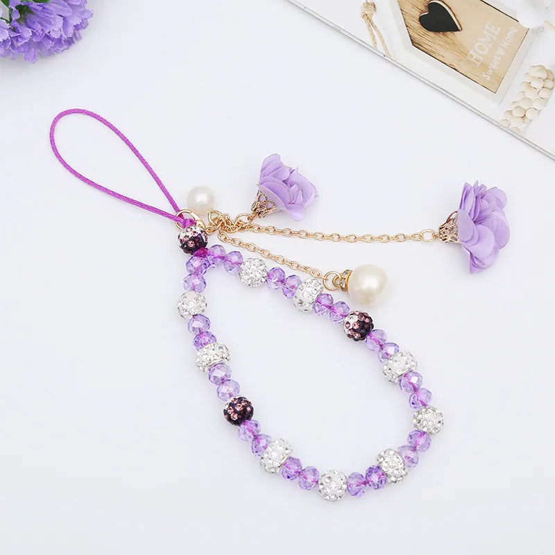 Lanière de Téléphone Perlée Faite à la Main Pendentif Fleur en Tissu Cristal Acrylique Fausse Künstliche Perle Bijou de Sac Femme Cadeau