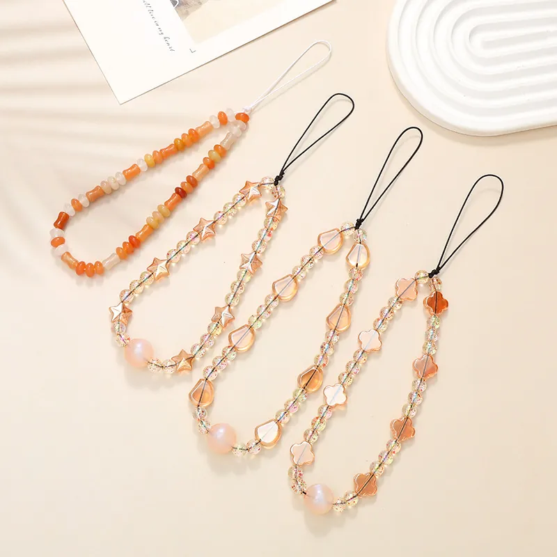Ins Stil Perlen Handykette Irisierende Acryl Stern Kleeblatt Muster Verlustschutz Handgelenkkette Für Damen Mode Zubehör