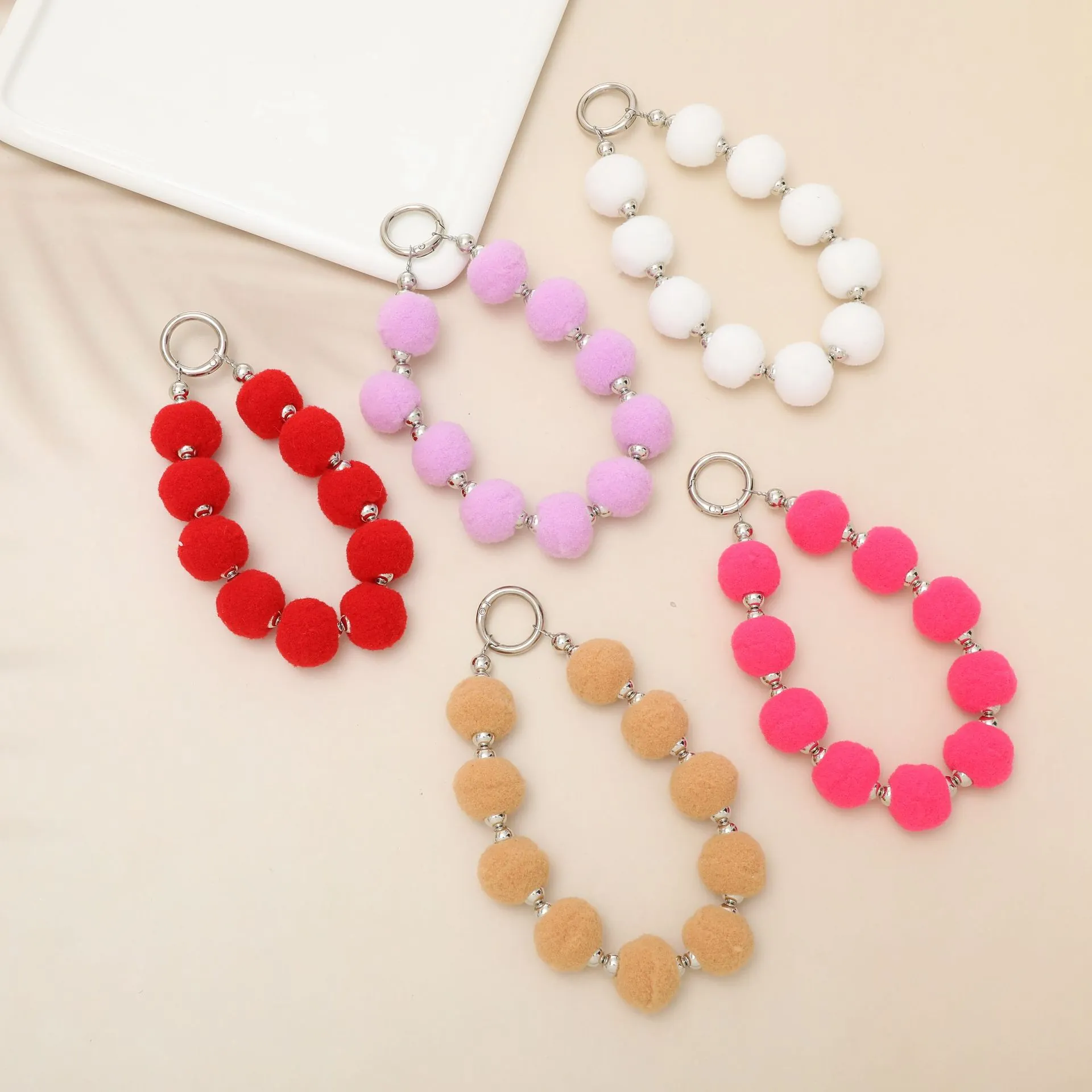 Korean Style Plush Pom Pom Phone Chain Wristband Strap Soft Faux Fur Ball Bag Charm Keychain For Women Girls Accessories