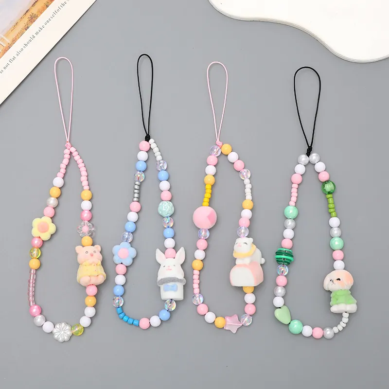 Cute Flocked Animal Beaded Phone Charm Acrylic Artificial Pearl Wrist Strap Sweet Handmade Phone Lanyard Case Bag Decor