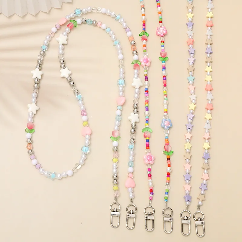 Chaîne de Téléphone Bandoulière en Perles Acryliques Colorées Cœur Étoile Fleur Lanière Anti-Perte Sangle de Sac pour Femme