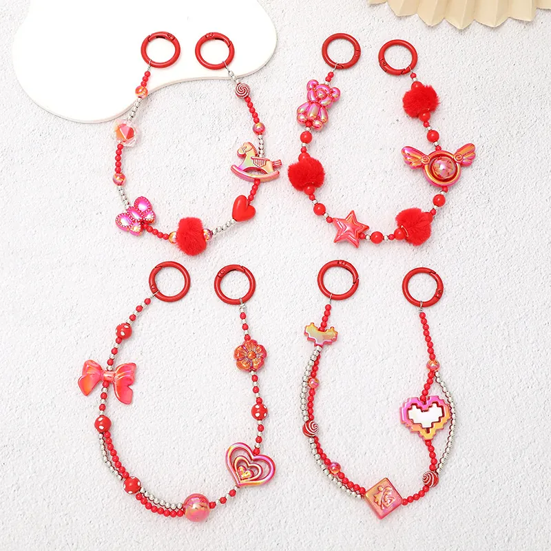 Red Beaded Phone Chain Heart Bow Bear Pendant Bag Charm Chinese Style Lucky Character Keychain For Women Girls Fashion Accessories