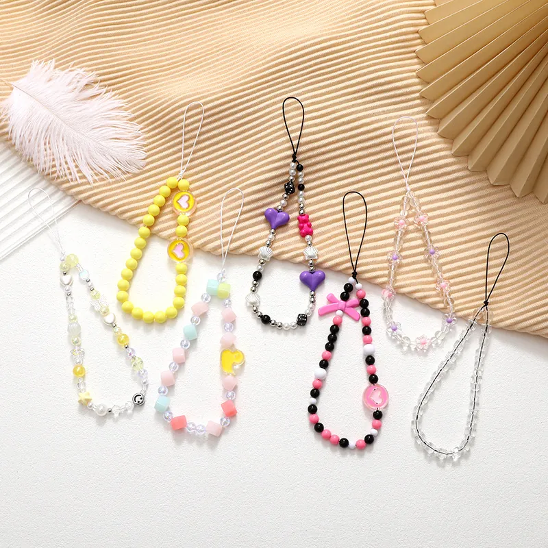 Kawaii Handmade Acrylic Beaded Phone Lanyard Strap With Heart Bowknot Duck Charms Cute Phone Case Decor For Women Girls