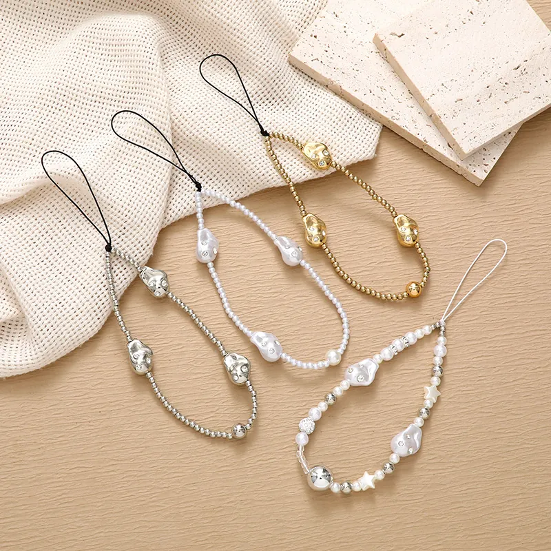 Fashion Baroque Faux Artificial Pearl Beaded Phone Charm Rhinestone Star Metal Bead Phone Lanyard For Women Anti-Drop Mobile Case Chain