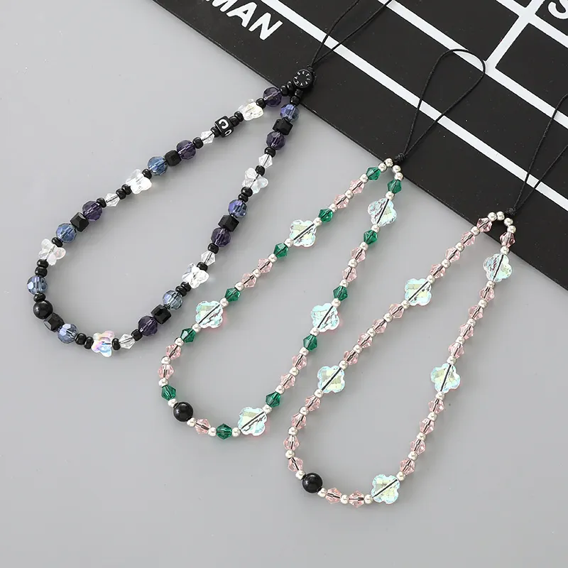 Handmade Crystal Beaded Phone Lanyard Anti-Lost Wrist Strap Butterfly Clover Pendant Charm Mobile Phone Decoration Women Jewelry