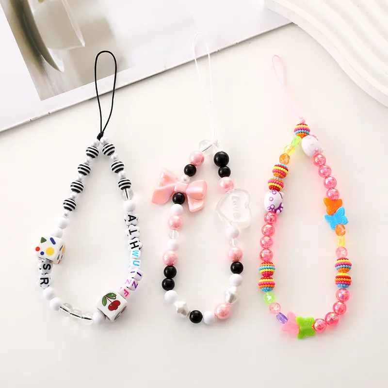Colgante de Cordón para Teléfono con Cuentas Hecho a Mano Estilo Sweet Cool Lazo Corazón Cereza Accesorio Decorativo Mujer