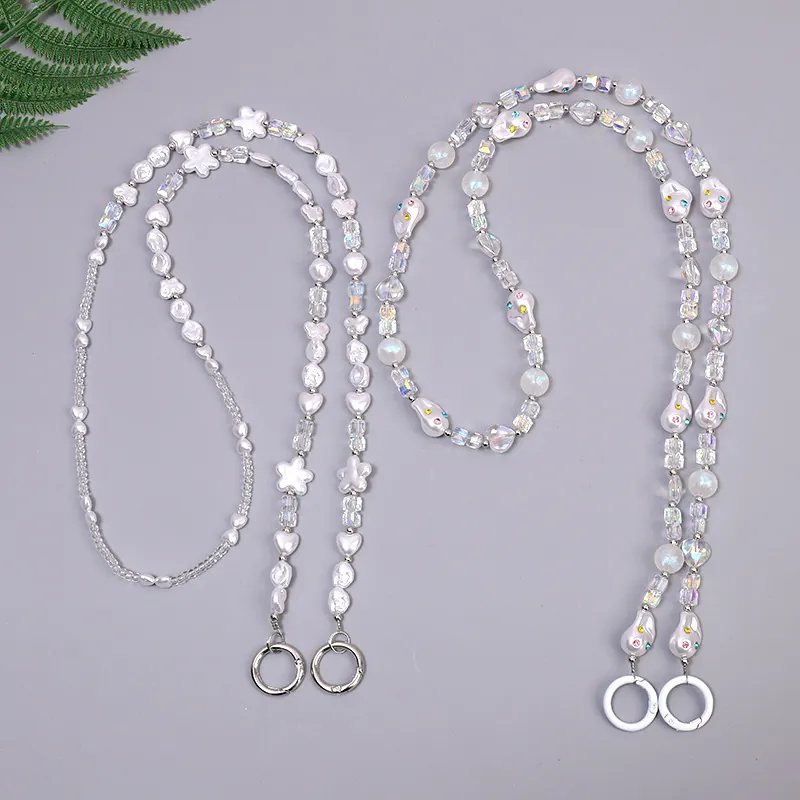 Handmade Irregular Artificial Pearl Beaded Crossbody Bag Chain Heart Star Flower Phone Lanyard Y2K Sweet Cool Bag Accessory Charm