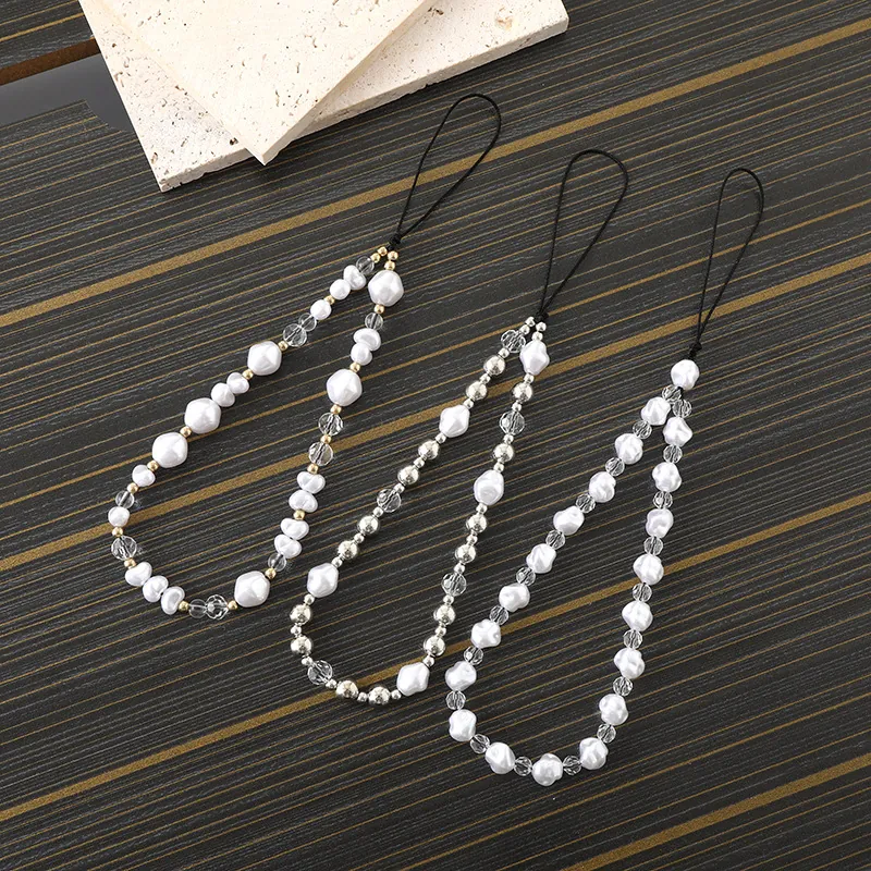 Fashion Beaded Phone Lanyard Faux Artificial Pearl Crystal Heart Charm Strap For Women Mobile Case Bag Decoration Keychain Accessory
