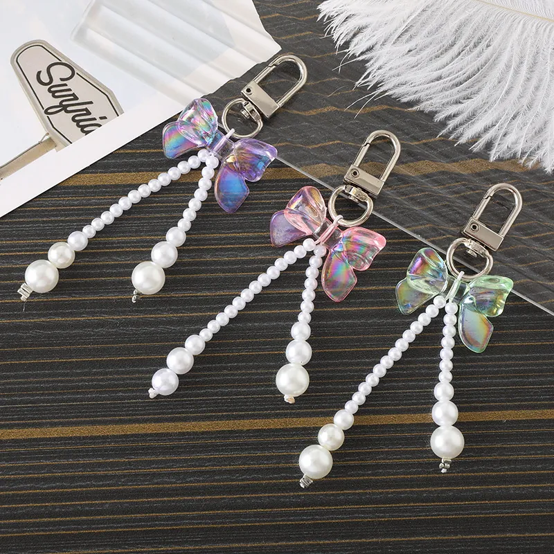 Iridescent Acrylic Bowknot Keychain With Faux Artificial Pearl Tassel Sweet Korean Style Bag Pendant Accessory For Women Girls