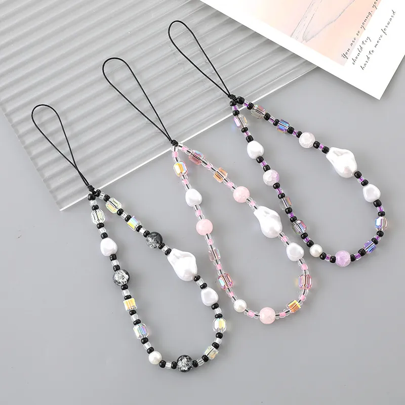 Luxury Handmade Beaded Phone Charm Strap With Faux Artificial Pearl Crystal Beads Minimalist Phone Case Keychain Lanyard For Women