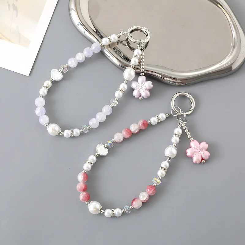 Porte-Clés Perlé Coeur Fleur Douce Breloque De Sac De Téléphone En Künstliche Perle Acrylique Avec Fermoir En Métal Pour Femmes Filles Cadeau