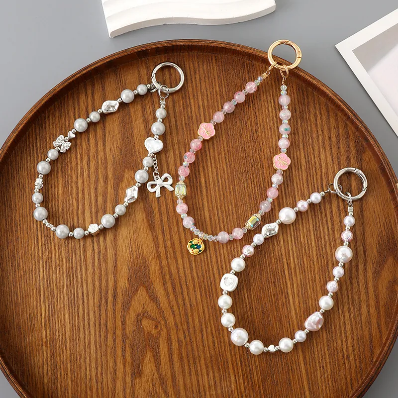 Luxury Beaded Flower Bow Keychain Bag Charm For Women Handmade Crystal Faux Artificial Pearl Phone Lanyard Fashion Accessory Gift