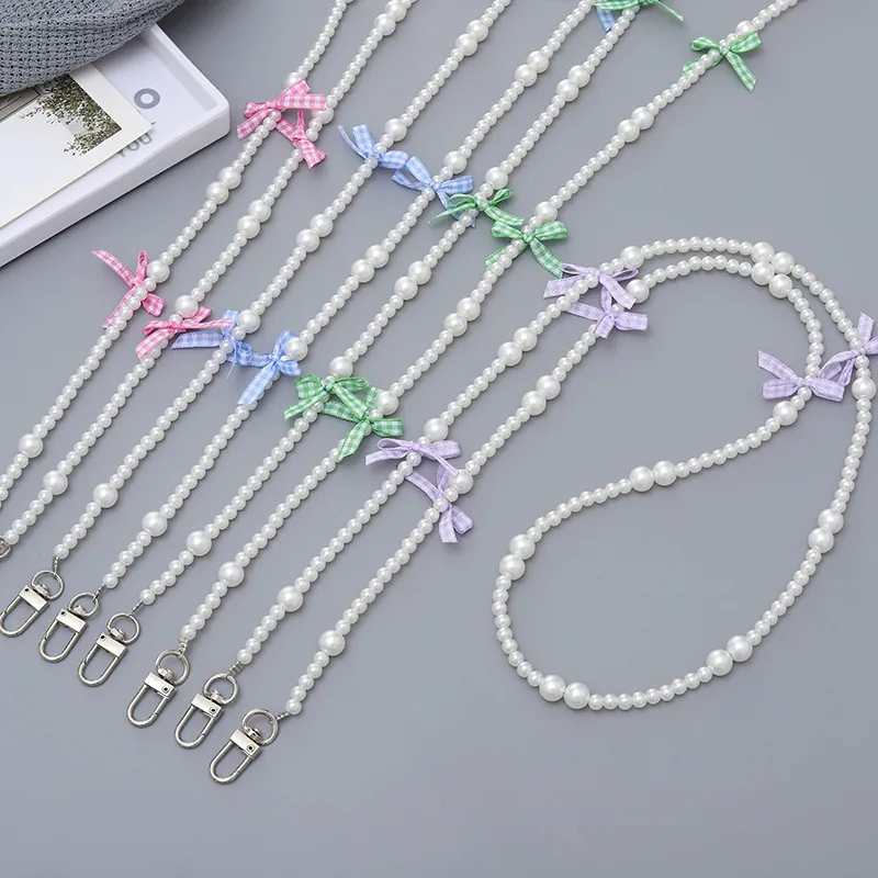 Sweet Imitation Artificial Pearl Gingham Bowknot Phone Lanyard Beaded Bag Charm Crossbody Replacement Chain For Women Girls Fashion Accessories