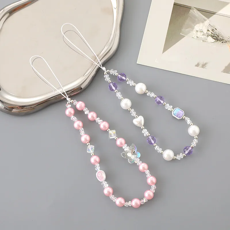 Handmade Beaded Phone Charm Strap Faux Artificial Pearl Heart Butterfly Bow Elegant Mobile Phone Lanyard Bag Keychain Decoration For Women Girl