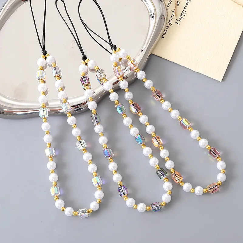 Handmade Beaded Phone Strap Faux Artificial Pearl Crystal Bead Lanyard For Women CCD Camera Bag Chain Anti-Lost Decoration Fashion Jewelry