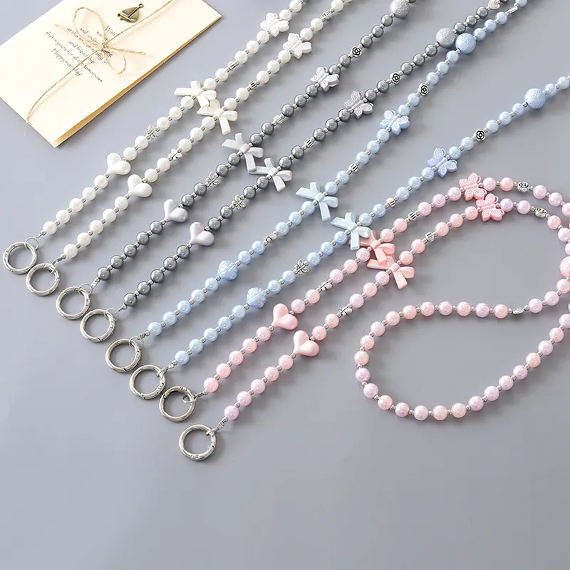 Acrylic Artificial Pearl Heart Bow Crossbody Phone Lanyard Anti-loss Strap For Women Multi-functional Bag Accessory Phone Chain