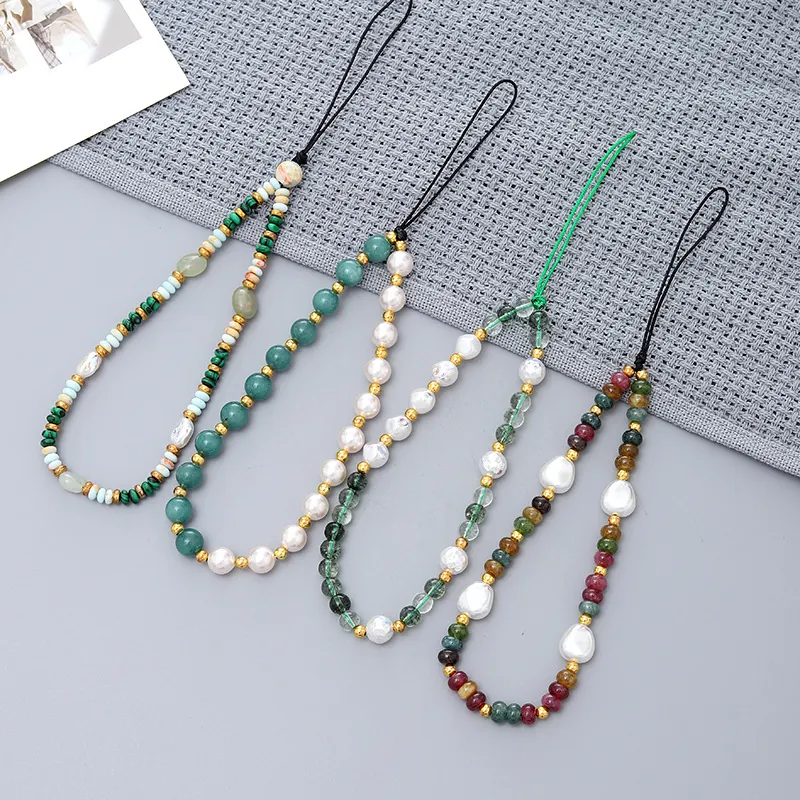 Chinese Style Natural Stone Beaded Phone Lanyard Handmade Faux Artificial Pearl Keychain For Bag Charm CCD Camera Strap Women Fashion Gift