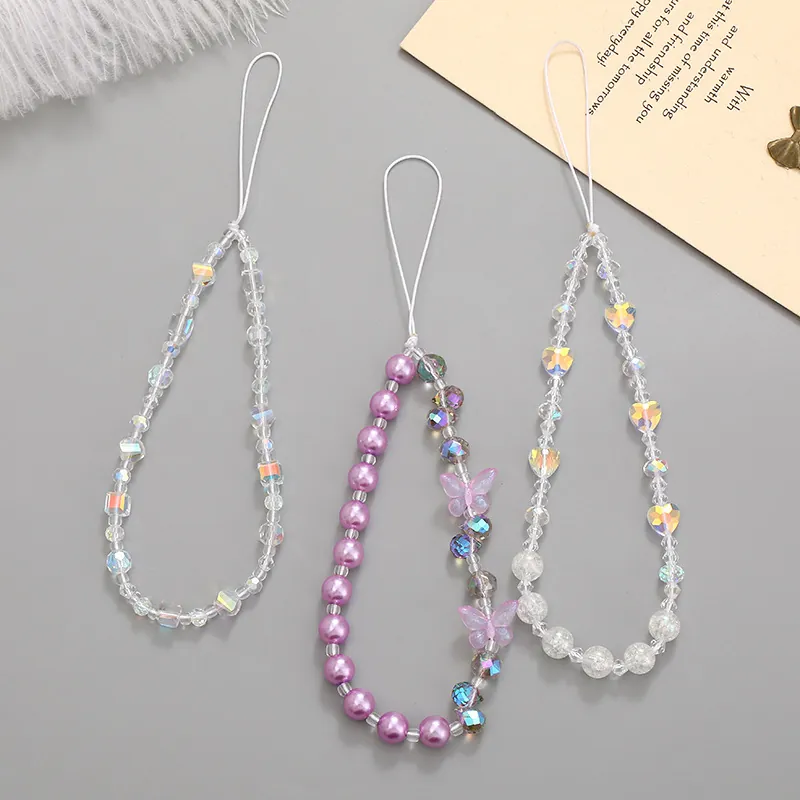 Chaîne de Téléphone Perlée Cœur en Cristal Acrylique Cordon Anti-Perte Papillon Fausse Künstliche Perle Dragonne Pour Femmes