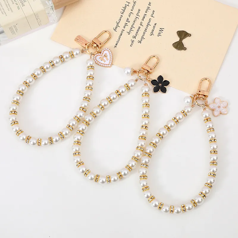 Elegant Faux Artificial Pearl Phone Lanyard Keychain Gold Plated Rhinestone Beaded Strap Heart Flower Pendant Bag Charm For Women