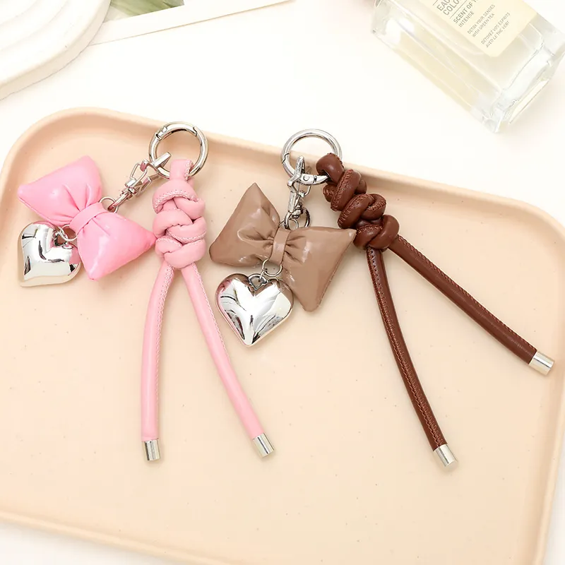 Fashion PU Leather Bowknot Keychain With Heart Pendant Braided Strap Alloy Star Clasp Bag Phone Charm For Women Girls