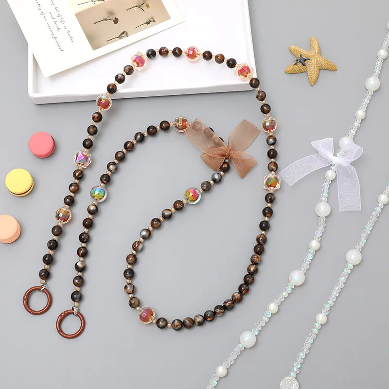 Handcrafted Beaded Crossbody Phone Lanyard Strap With Bow Ribbon Acrylic Tiger Eye Artificial Pearl Bag Chain For Women