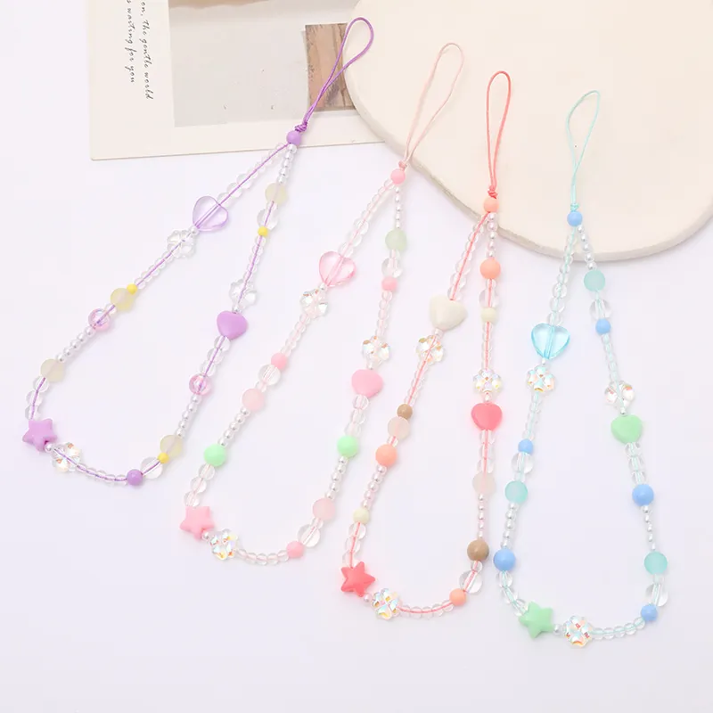 Ins Style Acrylic Heart Beaded Phone Charm Anti-lost Lanyard Macaron Color Star Flower Strap For Women Tech Accessory