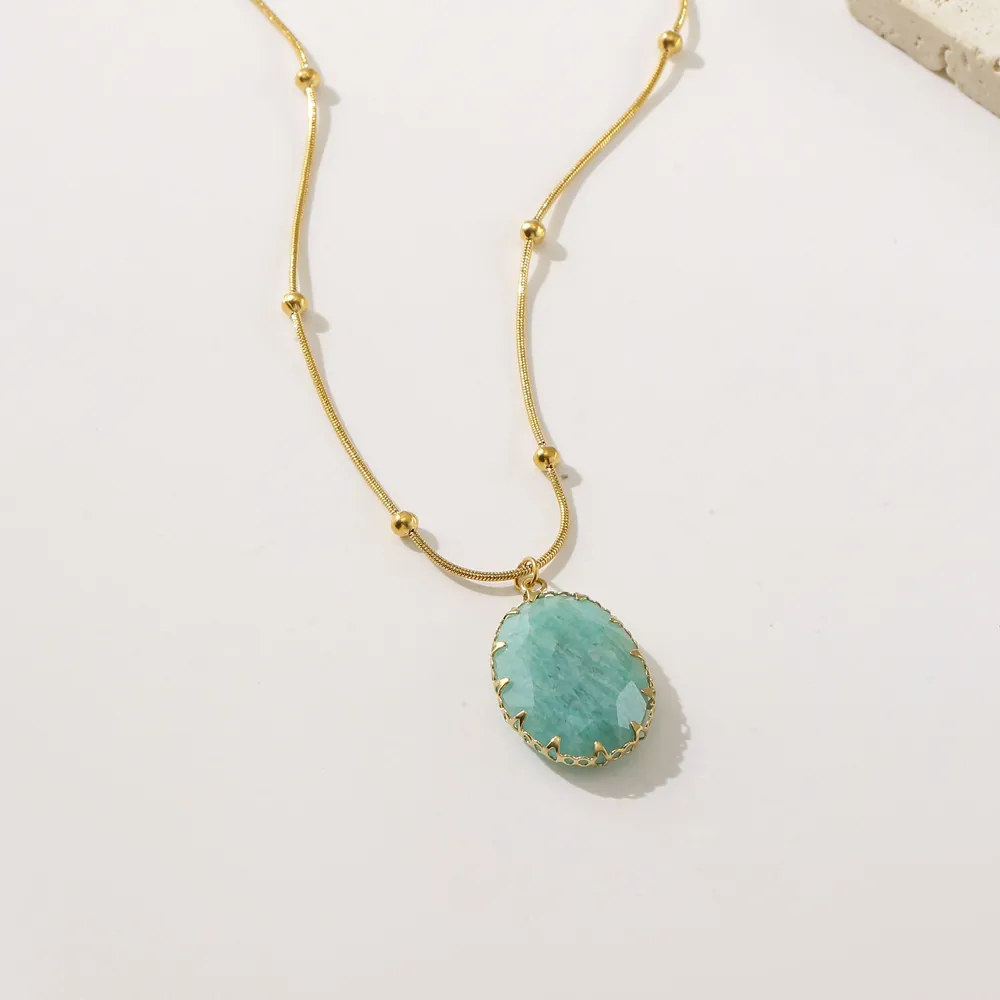 Luxus 18K Vergoldet Edelstahl Oval Naturstein Anhänger Halskette Für Damen Vintage Perlenkette Schmuck Geschenk
