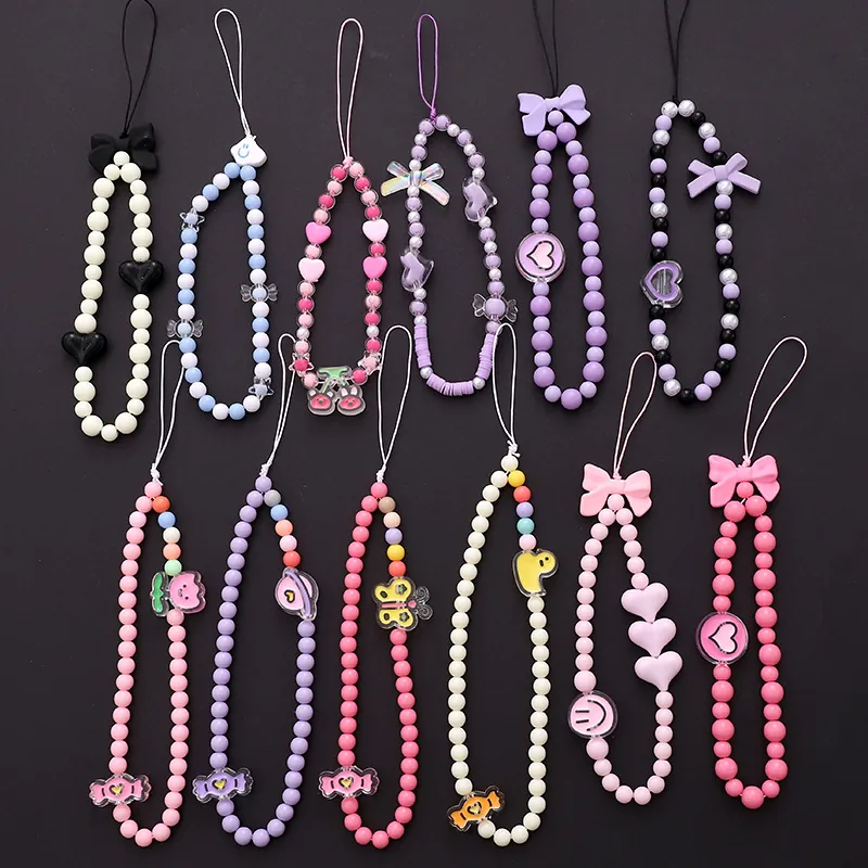 Handgefertigter Perlen Handyanhänger Acryl Schleife Herz Süßigkeiten Anhänger Fallschutz Kurzes Lanyard Handyhülle Deko Damen