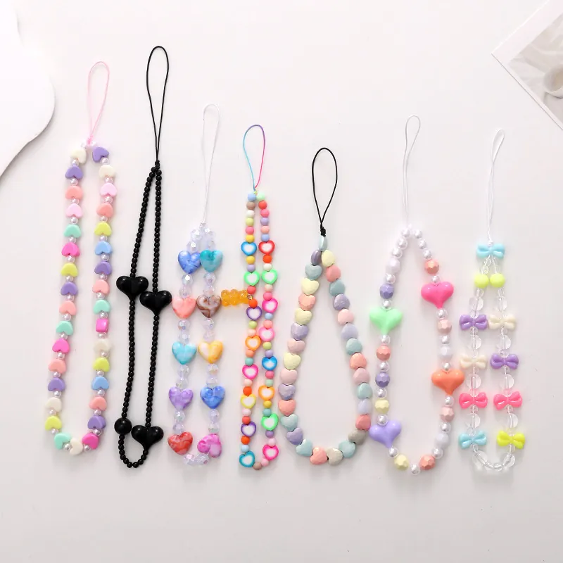 Handmade Colorful Beaded Phone Chain With Acrylic Heart And Bow Charms Anti-Loss Mobile Phone Strap Accessory For Women Girls
