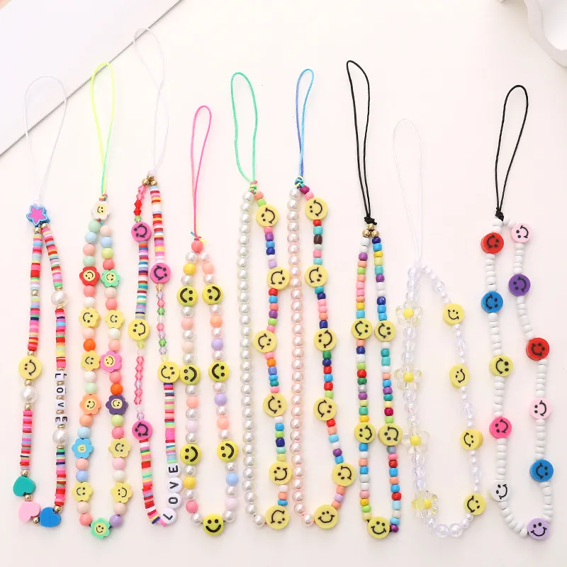 Handmade Colorful Beaded Phone Lanyard Smiley Face Heart Flower Soft Clay Artificial Pearl Anti-Lost Strap For Women Case Charm Y2K Jewelry