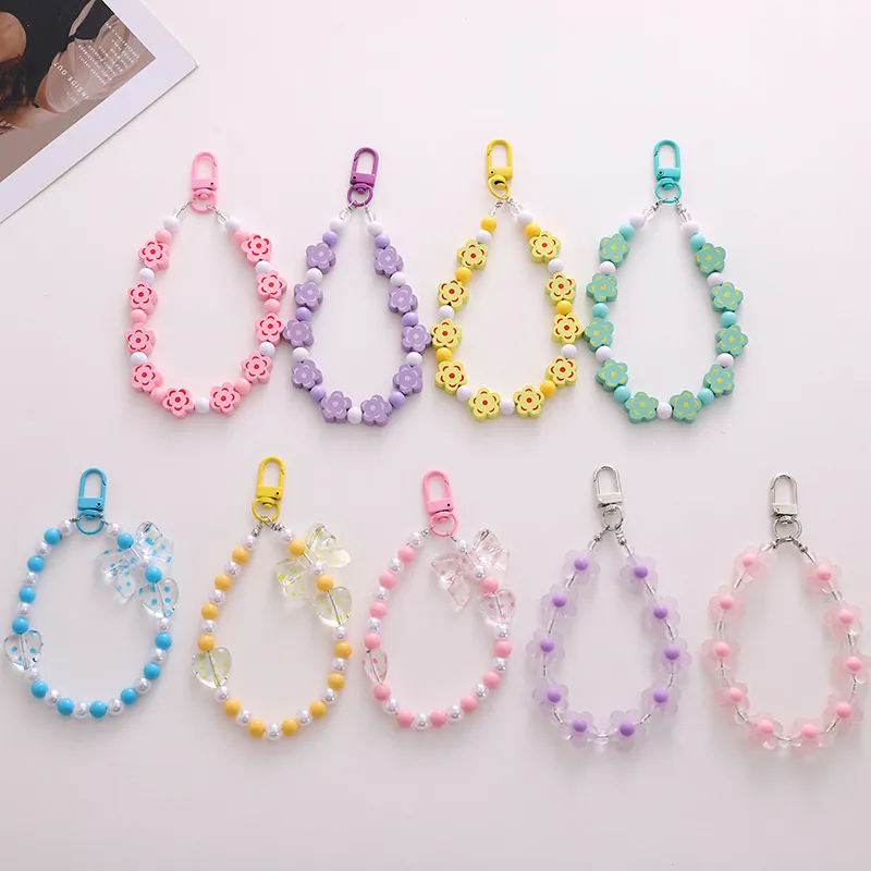 Sweet Floral Beaded Keychain Phone Charm Aesthetic Heart Bowknot Acrylic Strap Bag Hanging Accessory For Women Girls Decor