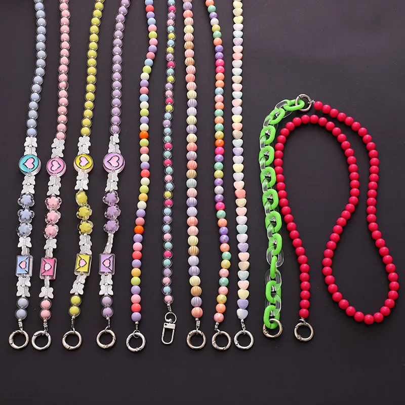 Candy Color Acrylic Beaded Phone Chain Crossbody Phone Case Lanyard Fashion Heart Bowknot Decor Strap For Women Tech Accessory