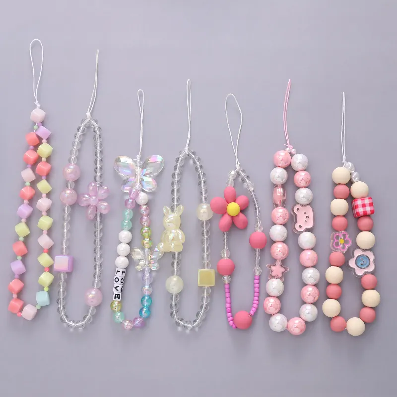 Handmade Beaded Phone Lanyard Acrylic Sweet Rabbit Butterfly Floral Anti Drop Strap Macaron Colorful Kawaii Hand Wrist Mobile Phone Chain Jewelry Accessories