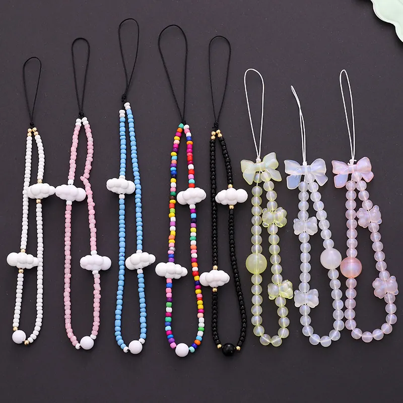 Cute Acrylic Beaded Phone Charm Strap Sweet Iridescent Cloud Bear Bow Decor Anti Lost Hand Wrist Lanyard Mobile Phone Case Jewelry Accessory For Women