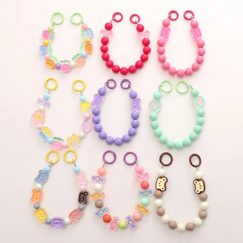 Acrylic Beaded Phone Chain Cartoon Bear Flower Bag Charm Keychain Hand Strap For Women Girls Macaron Style Jewelry Accessory