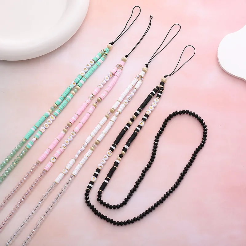 Fashion Crystal Beaded Phone Lanyard LOVE Letter Acrylic Beads Anti-Lost Mobile Neck Strap For Women Smartphone Accessories