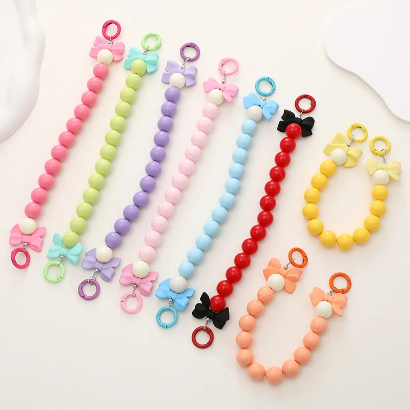 Acrylic Candy Color Phone Chain With Bow Knot Beaded Lanyard For Mobile Case Bag Charm Lacquered Hand Chain Decoration Gift